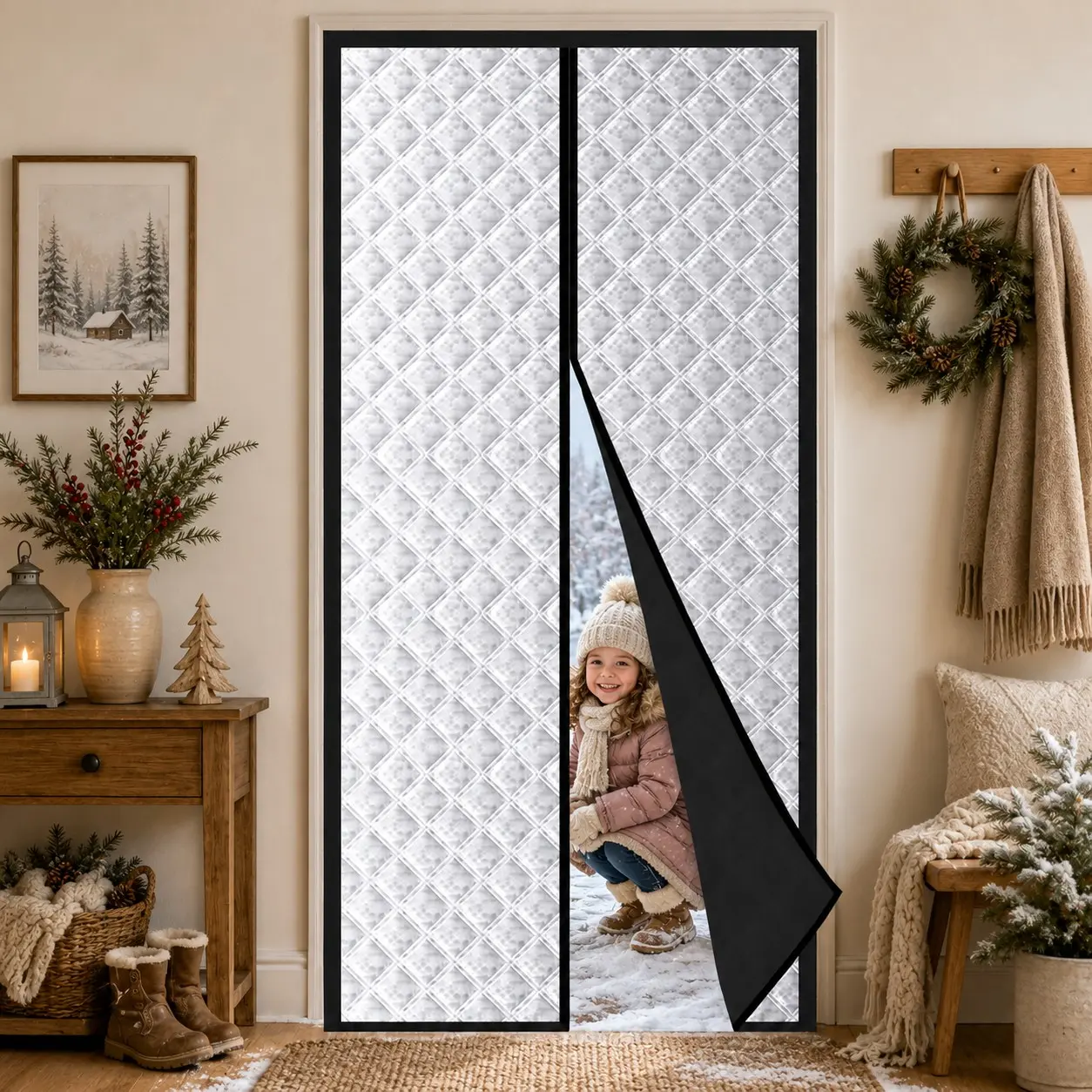 Winter Magnetic Insulated Door Curtain, Thick Silver Diamond Quilted Thermal Draft Blocker with Self-Adhesive No-Drill Installation and Automatic Closure