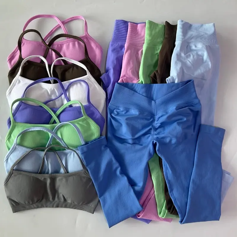 2 Pieces Gym Set Women Clothes Seamless Scrunch Yoga Leggings Set Backless Bra Fitness Workout Top Yoga Set Outfits,Sports,Halter,Crop,Butt,stylish,activewear,,daily,,Insulated,Hunting,Camo,mfvim,woman,,athletic,