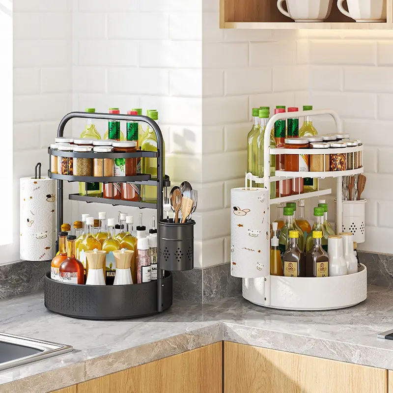 Multi-Functional Kitchen Spice Rack, Multi-Layer Condiment Bottle Holder, Rotatable Storage Shelf, Paper Towel Organizer, Food Preservation Bag Holder