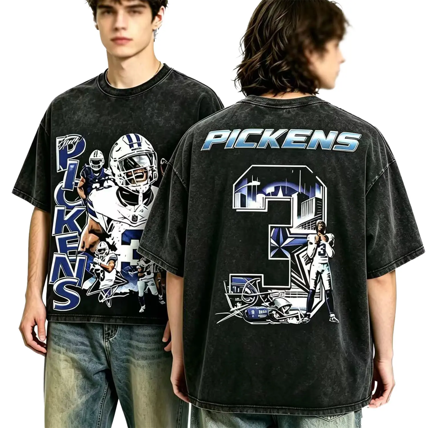 Men's 100% Cotton Loose Graphic Tee - Round Neck, Short-Sleeve, Casual Fit, Foldable, All-Season, Geometric Vintage Pickens #3 Football Legend Fan Art, Soft Washed Black, Classic Green, Sohochic Gym Streetwear Work Basic Top