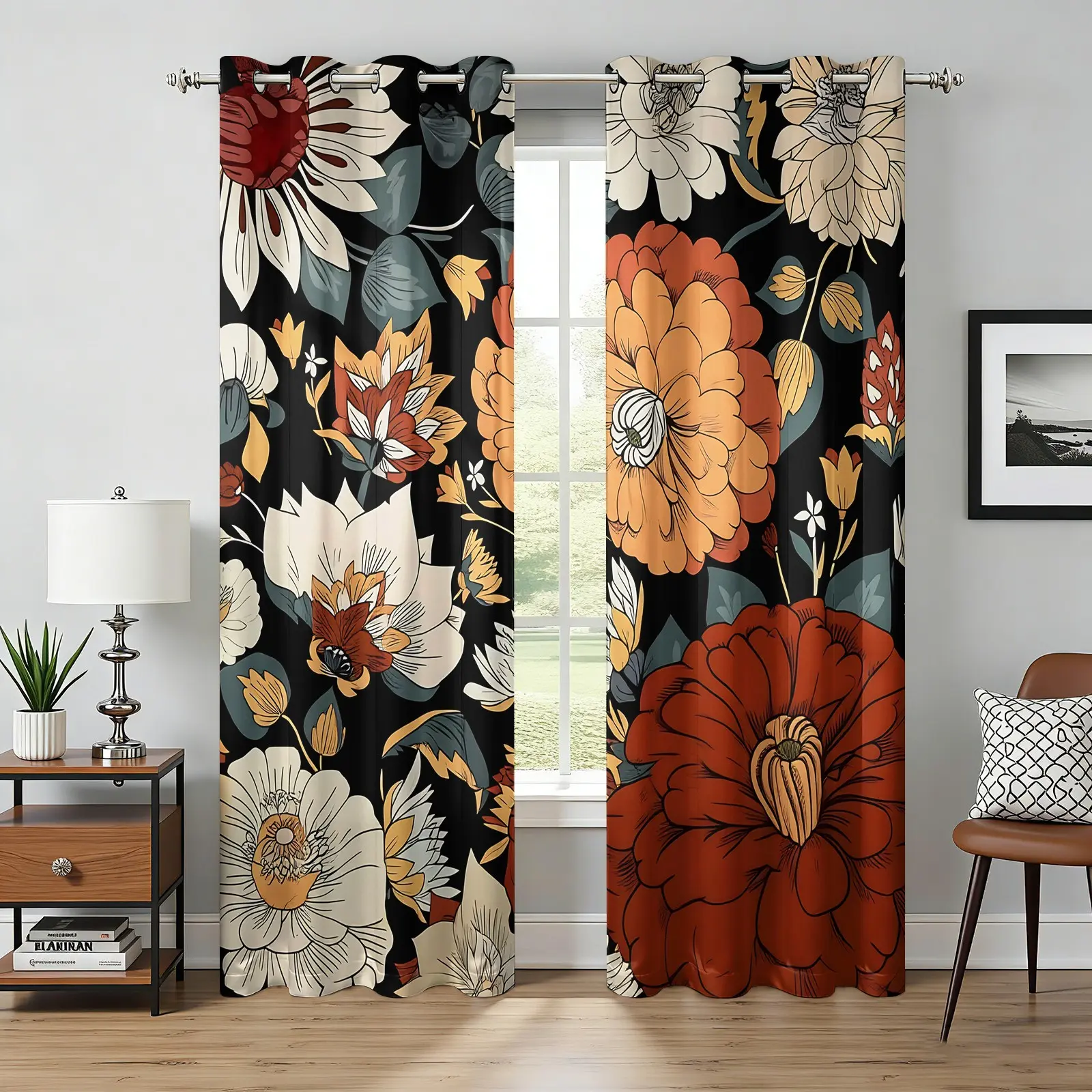 Dark Boho Floral Blackout Curtains, Arranged Vintage Florals, 2 Panels Rod Pocket (Rod Excluded), Light Blocking & Noise Reduction, Washable Polyester, Window Drapes, Bedroom, Living Room Floor Windows & Home Decoration