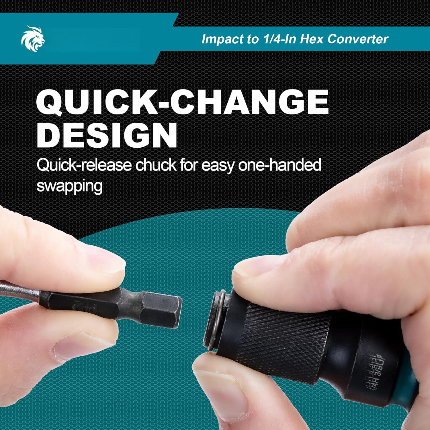 to 1/4 Hex Converter, 1/2 3/8 1/4-INCH Drive Female to 1/4-Inch Hex Adapter,  Wrench Adapters for Ratchet Wrench Drivers,  Bit Holders, Quick-Change Chuck, Cr-Mo Steel