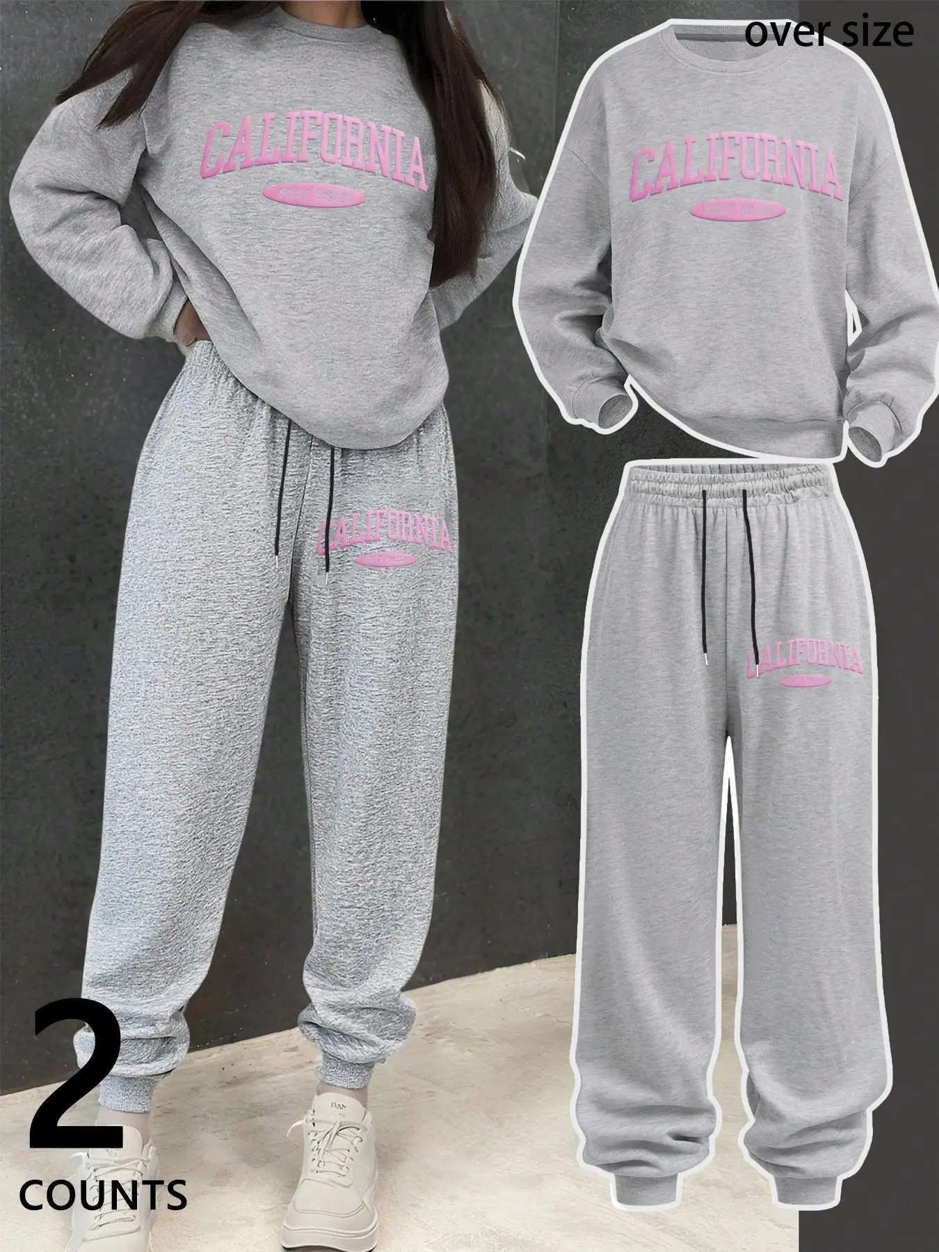 2PCS Plus Size Warm Tracksuit Women Y2K Grey Fleece Sweatshirt and Sweatpants Set for Ladies Winter Daily Casual Lounge Casual Comfy Sporty