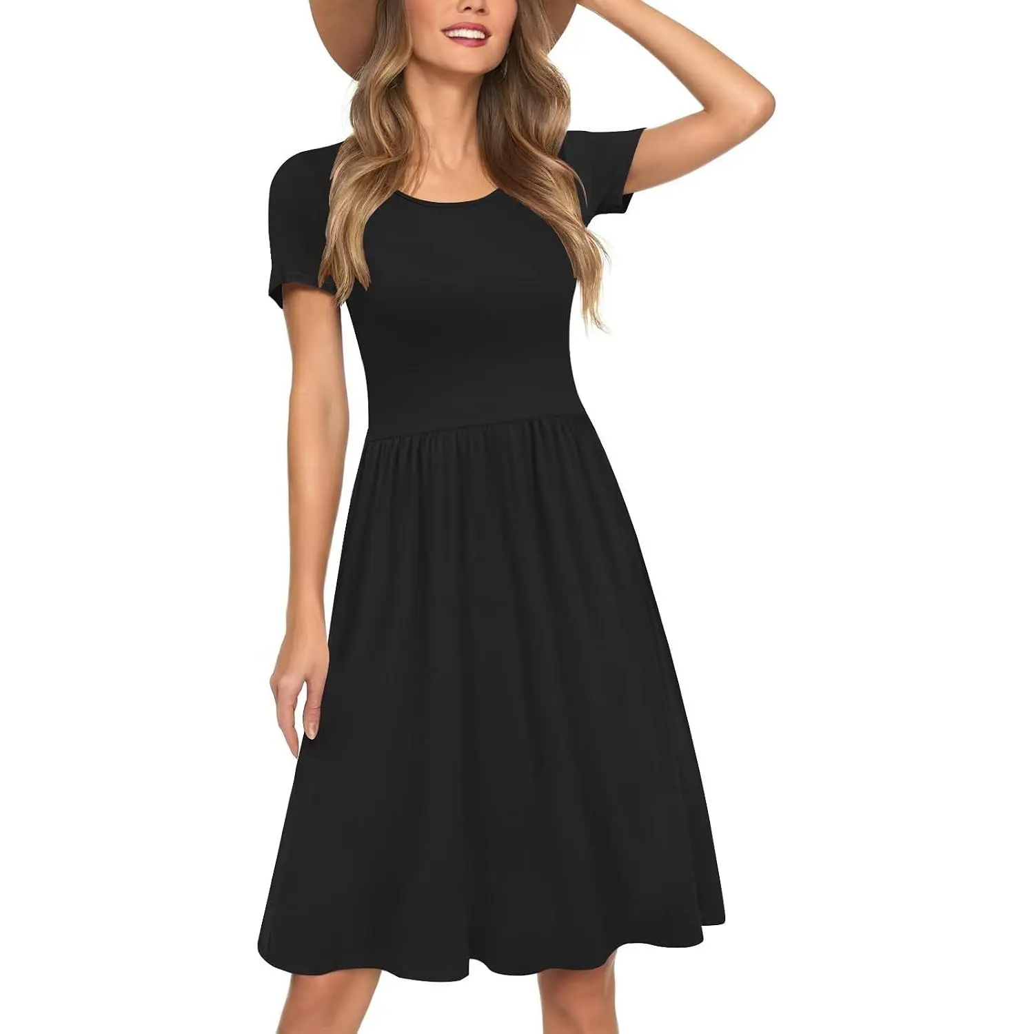 Women's Short-Sleeve Empire Waist Rayon Floral Dress, Lightweight Casual Wear Style with Pockets for Summer, Feminine