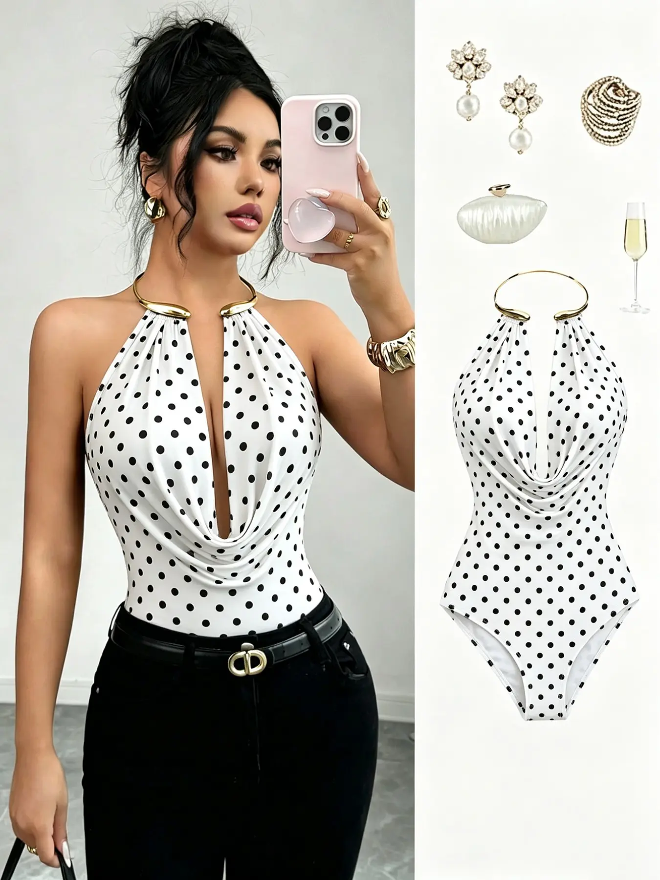 Y2K Women's White Base Black Polka Dot Halter Bodysuit Elegant Vacation Essential Gold O-ring Halter Neck Ruched Deep V Neckline, High-cut Slim Fit Crafted from smooth stretch fabric ideal for beach getaways poolside parties and summer evening date