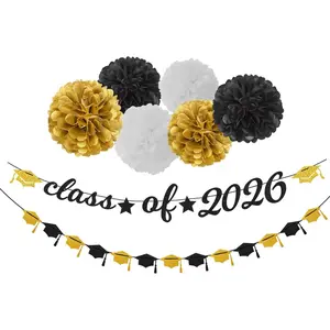 Black White Gold Graduation Party Decorations 8pcs Kits Class of 2026 Cap Garland Streamers Paper Tissue Pom Poms Flowers Congratulations Grad Decor Lasting Surprise