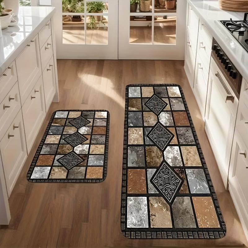 2D Flat 2pcs Brown Kitchen Absorbent Diatomaceous Earth Floor Mats, Vintage Plaid Style Long Rugs, Oil And Non-slip Backing, Fast Drying, Machine Washable, Soft And Comfortable, Suitable For Kitchen, Laundry Room, Bathroom, Hallway, Home Decor Rugs