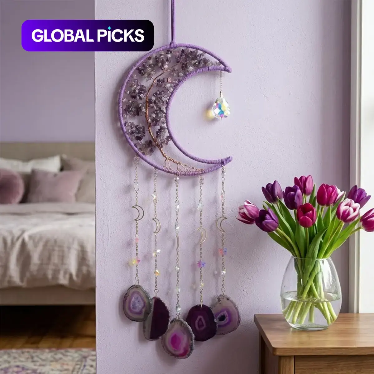 Crystal Tree of Life Dream Catcher with Moon and Large Agate Pendant, Handmade Hanging Home Decor Ornaments, Boho Decor, Hanging Room Decor, Creative Christmas Gift for Friends #GLOBAL PICKS