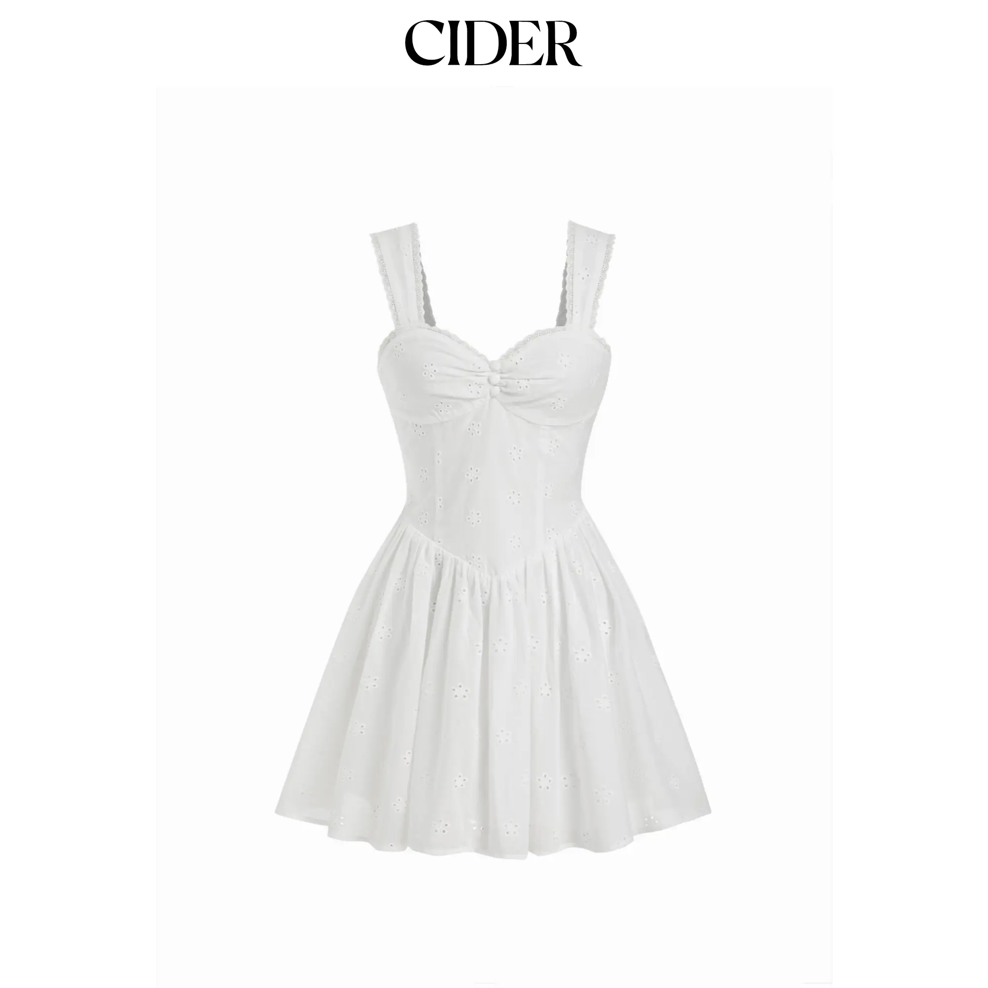 Cider Cotton Broderie Anglaise Sweetheart Ruched Flared Mini Dress