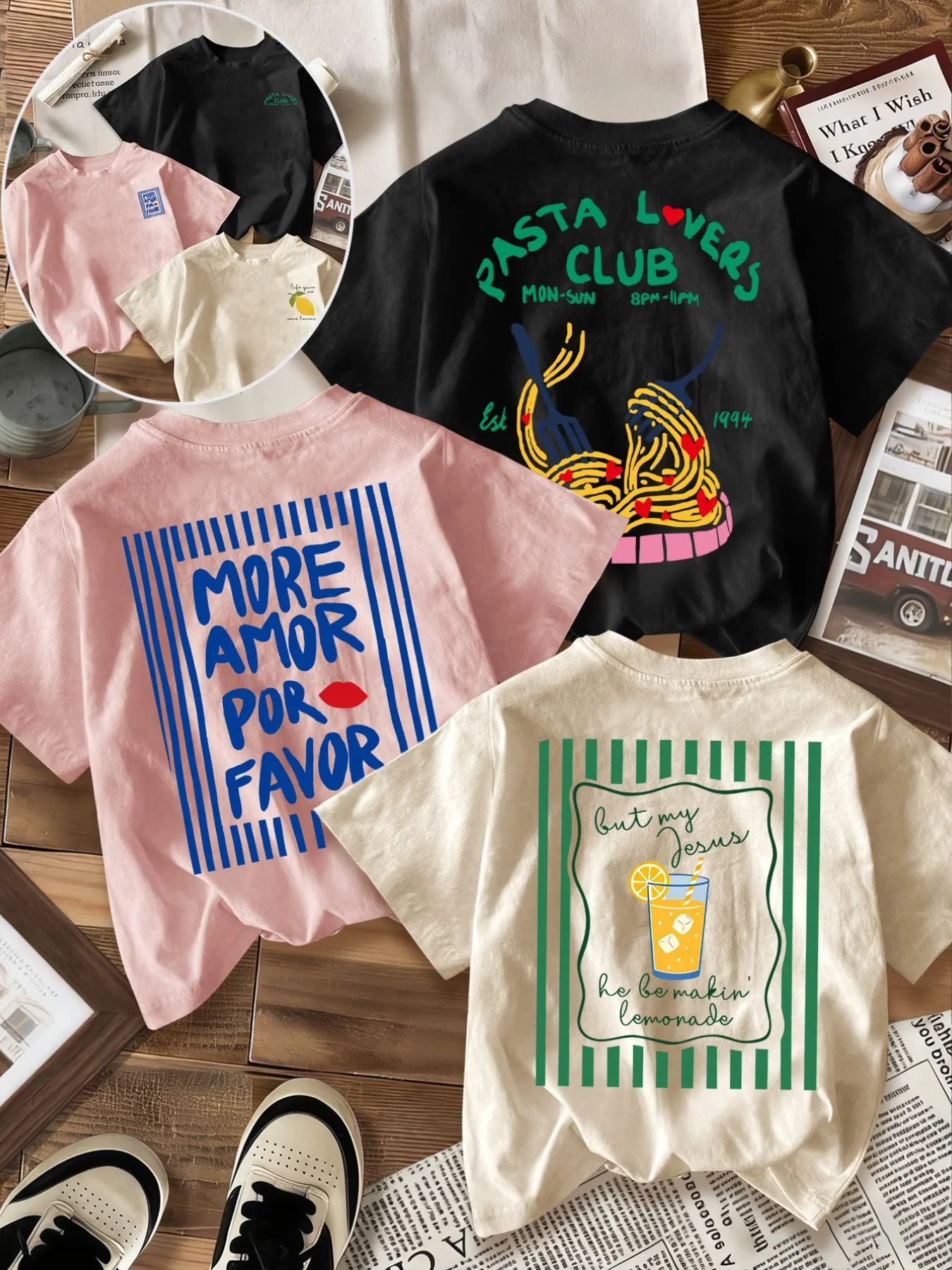 Breathable Casual T-Shirt, Loose Fit Round Neck Design, Pasta & Love Lemon Print, Fashion Comfort, Daily Wear, Three Pack