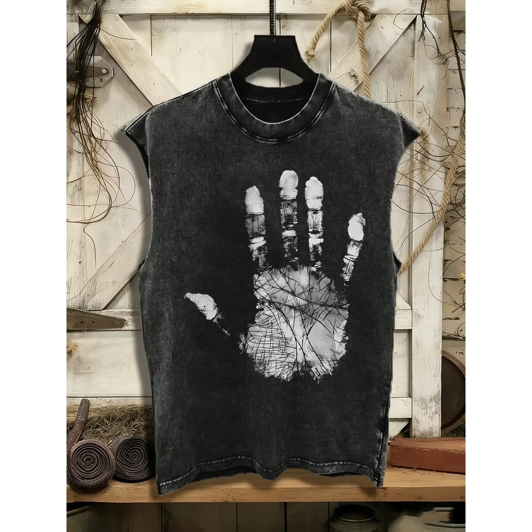Men'S 100% Washed Vintage Vest | Palm Graffiti Print Distressed Style, Ideal for Outdoor Activities, Perfect Gift for Christmas, New Year's, and Valentine'S Day, Soft and Comfortable Fabric