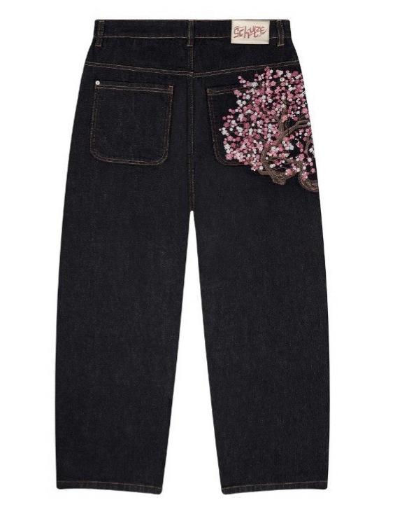 European and American retro plum blossom embroidered straight-leg jeans, unisex, versatile, unique street style trendy jeans, cross-border