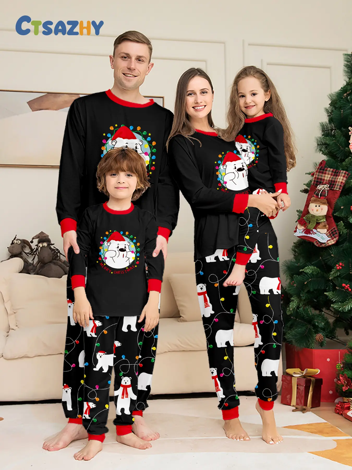 Family of Four Xmas Santa Hat Pyjamas Breathable Casual Loungewear For Party Photos Gift