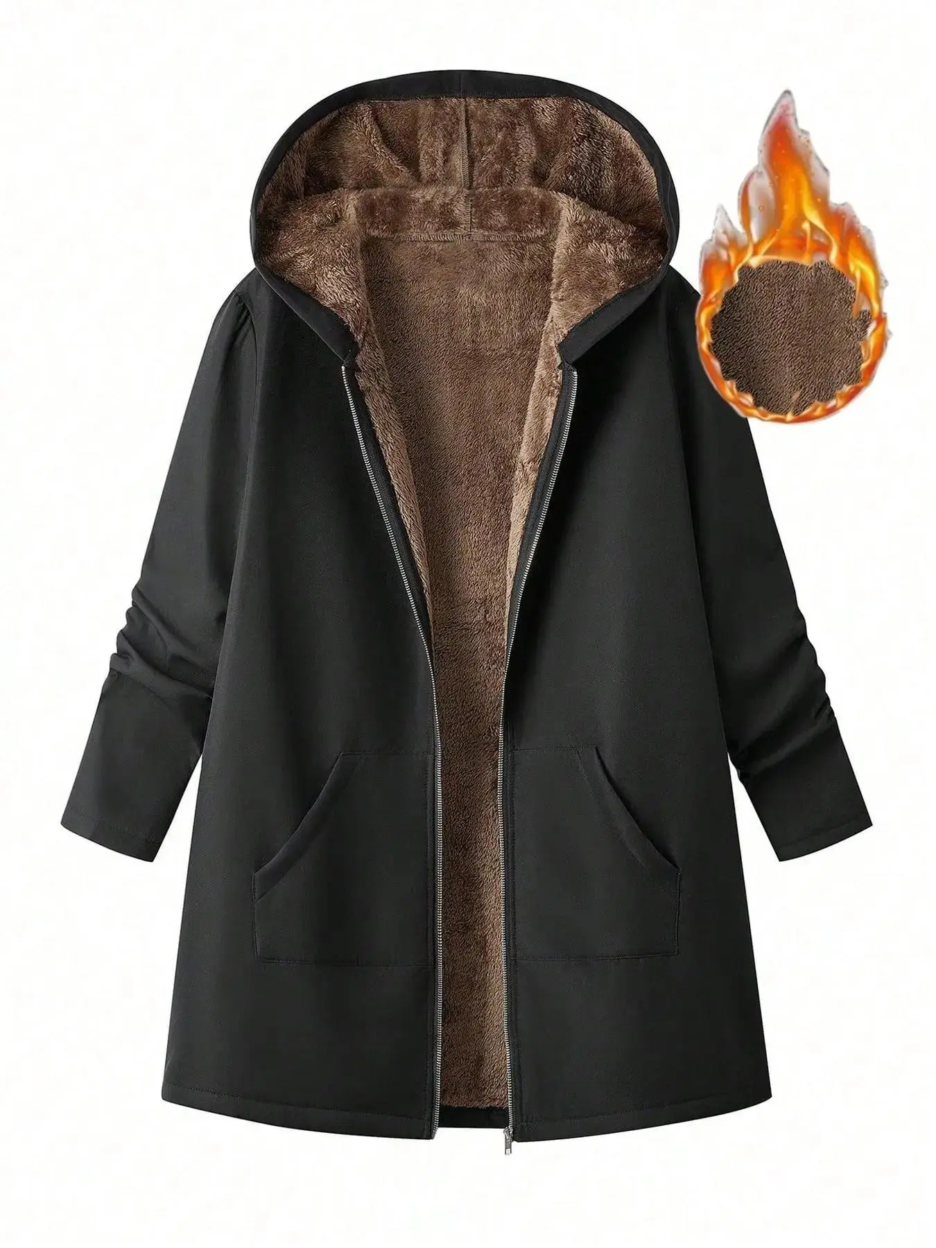 Plus Size Women's Mid-Length Fleece Hooded Jacket Coats, Windproof Durable Outerwear, Sheepskin Lining, Casual Style, Fall & Winter， walking, and outdoor travel to keep warm, plus size friendly
