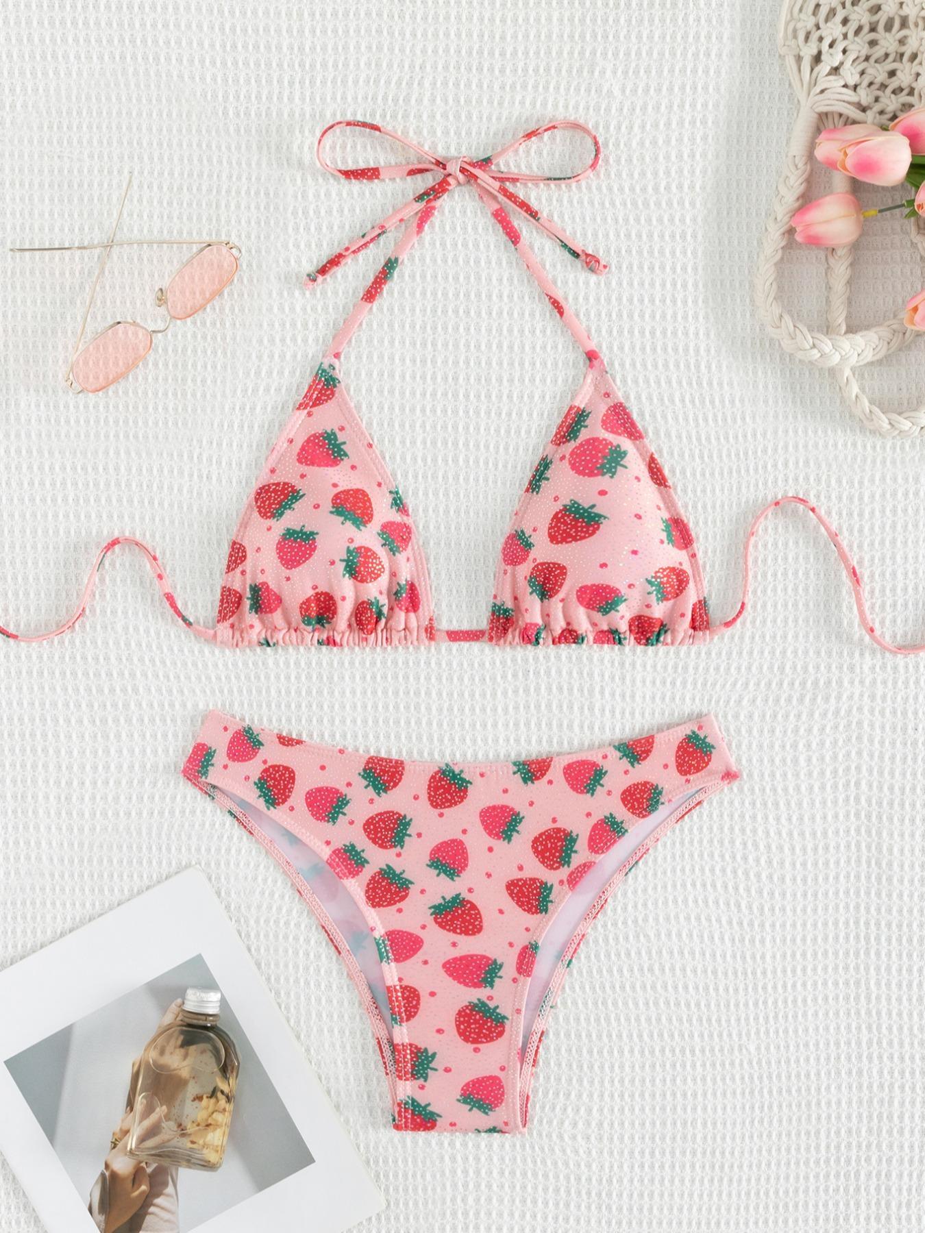 Women's Strawberry Print Halter Neck Tie Back Triangle Swim Bra & High Cut Swim Panty Bikini Set, Casual Fruit Print Backless Swimwear Set, Ladies Summer Swimsuit for Beach Holiday Vacation, Bikinis Sets