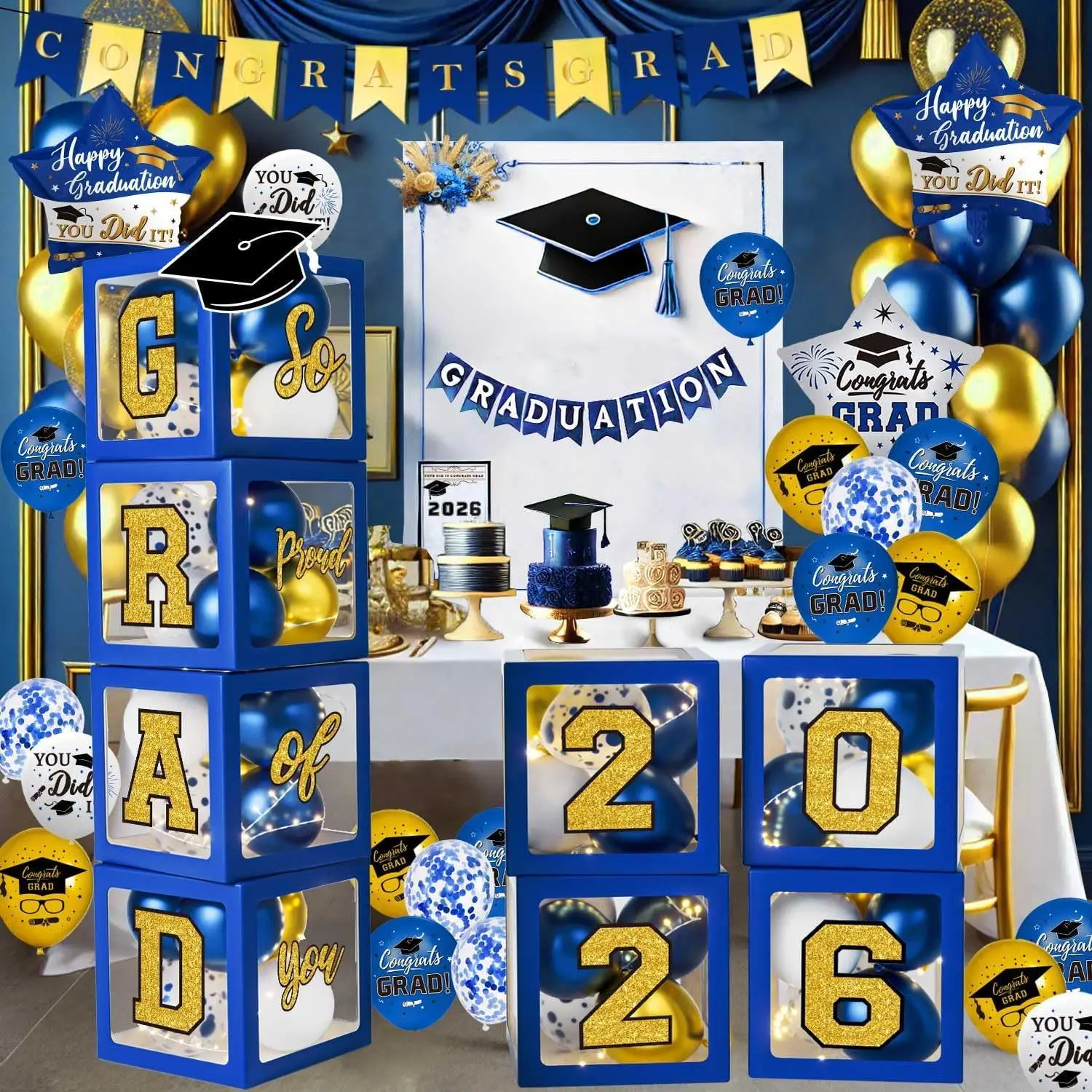 Graduation Decoration Kit for Class of 2026, Blue and Gold Paper Balloon Boxes with GRAD Letters for High School College Party Photo Backdrop, Decorative, Foldable, 4 Boxes, Durable, Easy To Clean, Set, Elegant