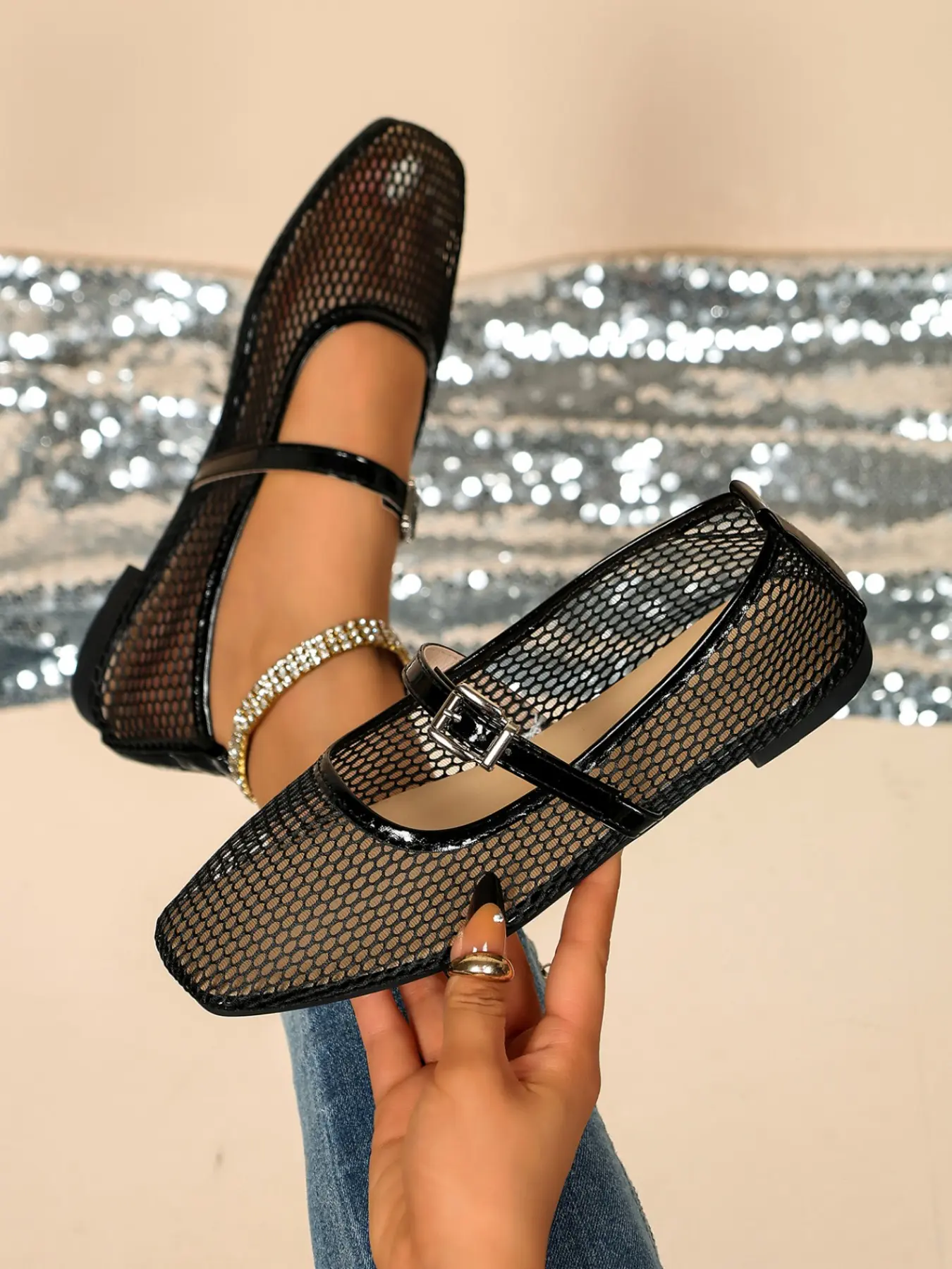 Women's Square Toe Mesh Rhinestone Flat Mary Jane Shoes, Breathable Transparent, Comfortable for Casual and Formal Occasions, All Seasons