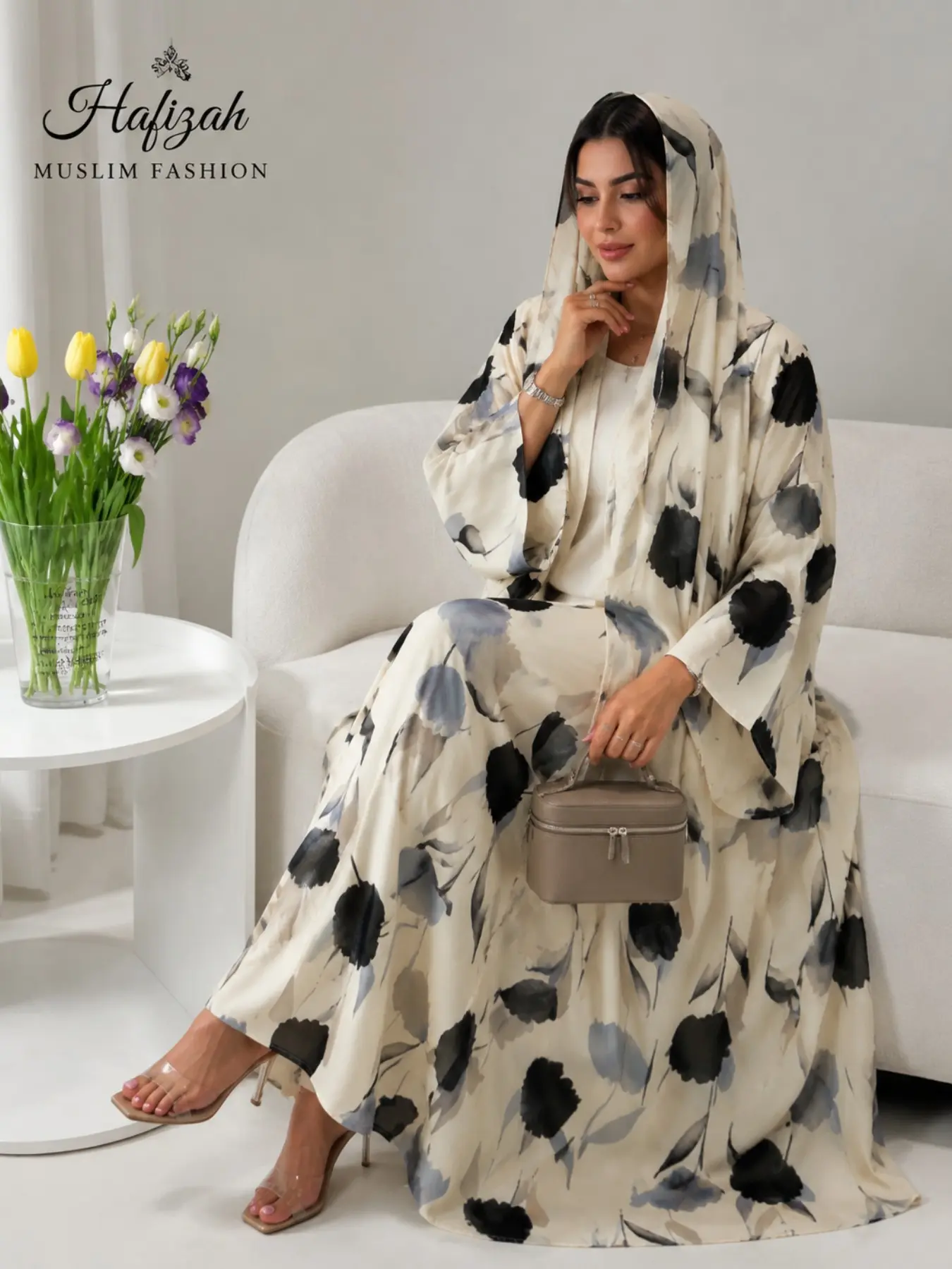 Floral Pattern Women's Robe with Headscarf, Long Sleeve Dress, Elegant and Modest, Muslim Clothing, Dubai Islamic Fashion