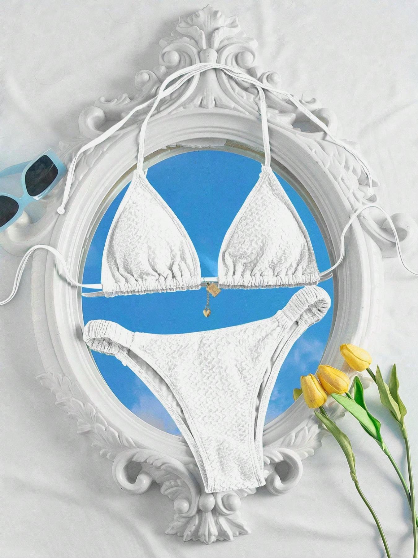 Two-Piece Set Women's Textured Bikini Set, Halter Triangle Swim Top & High Cut Two Piece Swimsuit, Ladies Summer Swimwear, Beach Bikini Set, Adjustable Strap Bikini, Triangle Bathing Suit