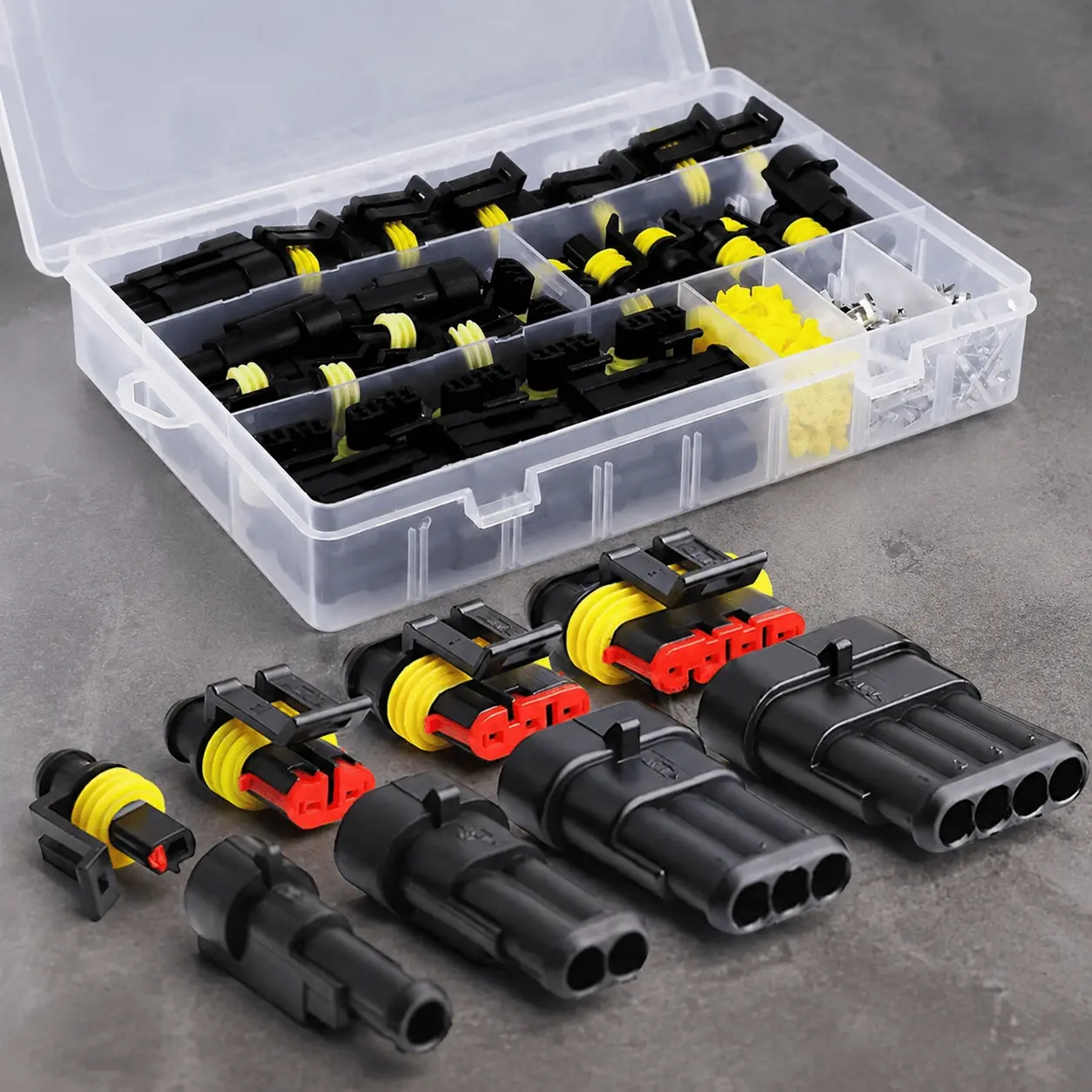 Waterproof Electrical Connector Kit, 12A Weatherproof Socket Set with Storage Box, 1/2/3/4 Pin Mixed Terminals, 300V Automotive Wire Harness Connectors for DIY Car Truck Electrical Repair & Installation Tools