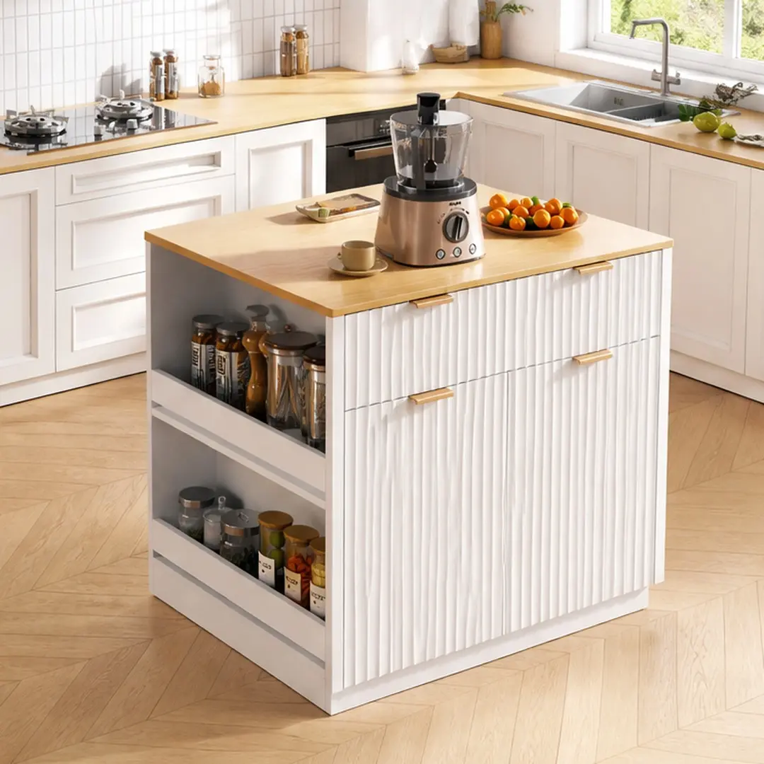 ARCH 82.6" Fluted Kitchen Island with Extendable Dining Table for 4-6, White MDF Kitchen Island Table with Power Outlet, Double-Side Storage, 2 Drawers, 2 Open Shelves, Large Rectangular Kitchen Cart for Kitchen Dining Room, White Color Options