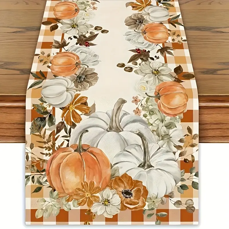 Thanksgiving Table Runner, 100% Polyester Floral Pumpkin Leaf Design, Rectangular Tablecloth, Seasonal Home Decor for Family Gatherings