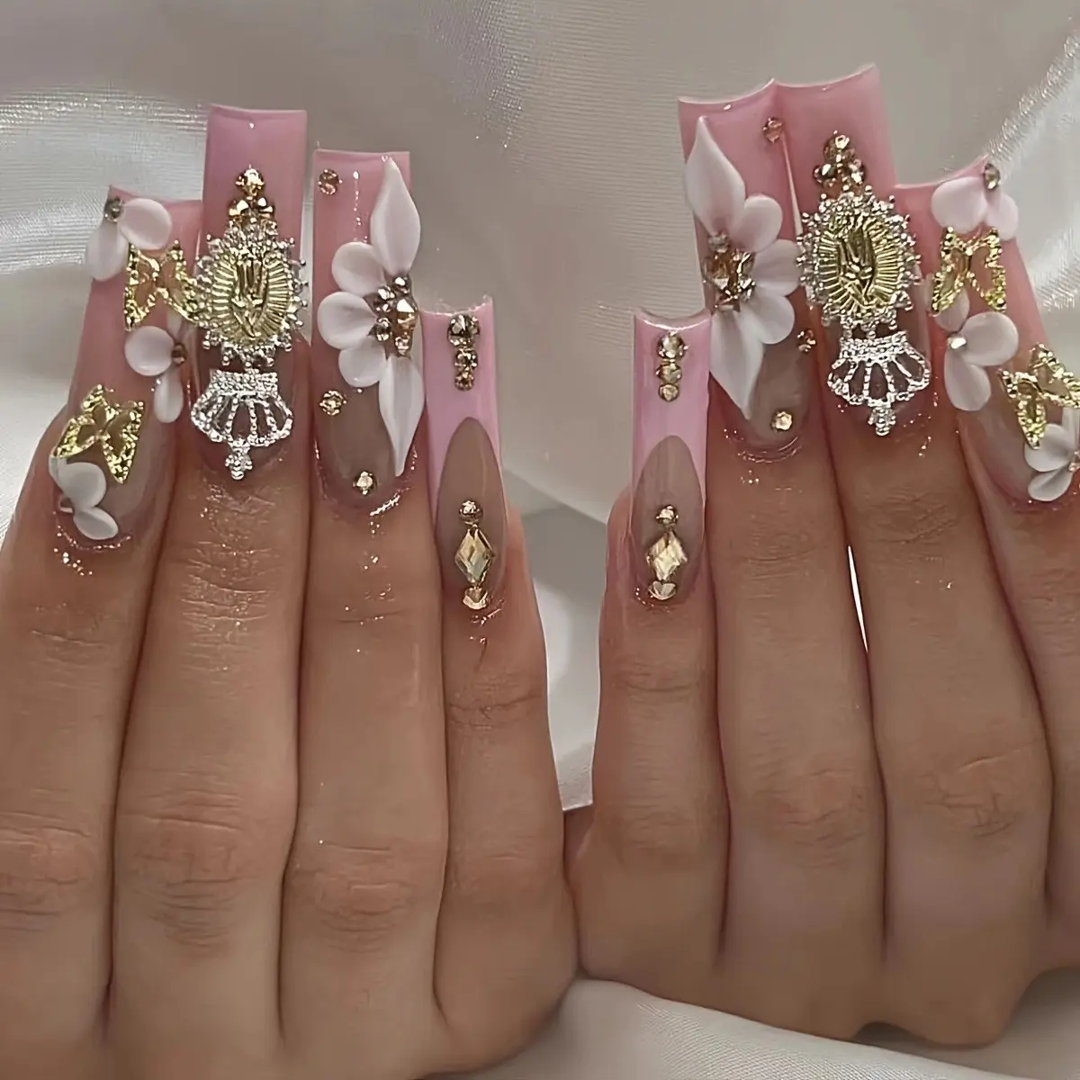 24pcs Long Coffin Press on Nails, Nude French Tip, 3D Flower, Cross, Rhinestone Charms, Glossy Reusable False Nails, French Tips Nails