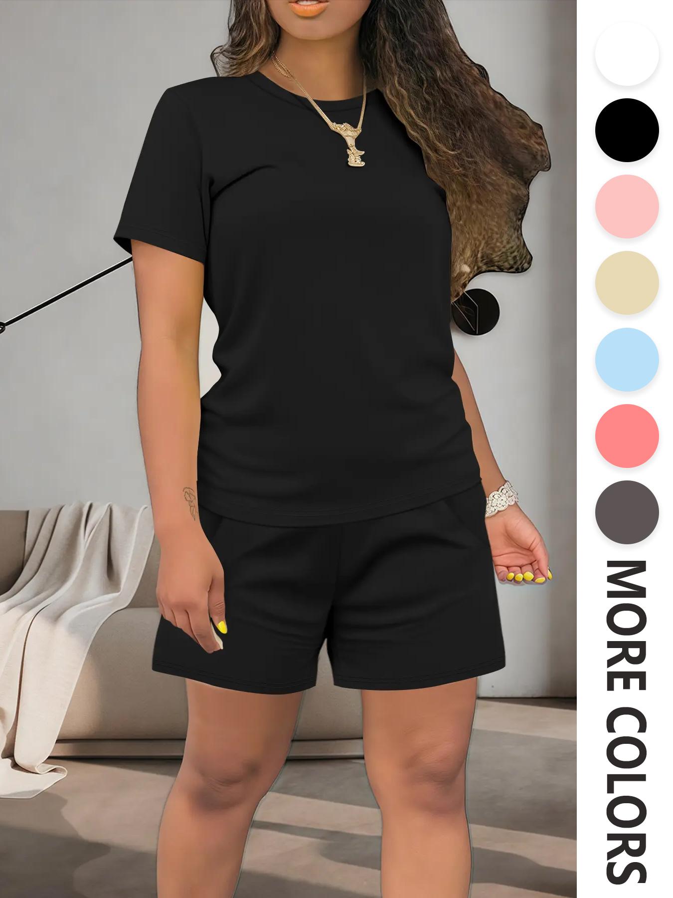 Women's Summer Casual Set, Regular Fit Short Sleeve Top & Shorts, Plain Color Women's, Comfortable Daily Wear Women's Summer Casual Set, Regular Fit Short Sleeve Top & Shorts, Plain Color Women's, Comfortable Daily Wear