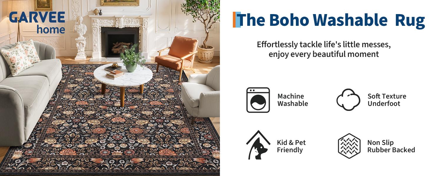 5x7 Brown Vintage Floral Boheme Area Rug, Low-Pile Washable Non-Slip Stain-Resistant Carpet for Living Room, Bedroom, Boheme Area Rugs