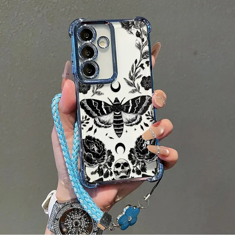 Transparent Silicone Mobile Phone Case for Samsung Galaxy S26 Ultra, S24 Plus, S25, S22+ FE Edge - 4-Month Floral Omen Pattern, Corner Anti-Drop, Shockproof, Non-Slip, Lanyard Included - Cellphone Casing for Handheld Devices, Accessories, Protector