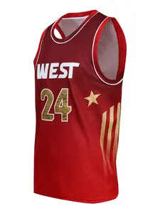 Men's Basketball Jersey 24 Red, Embroidered Sports Wear, Casual Short Sleeve Tank Top, Fitted Long Style, H-Type Silhouette, Athletic Top