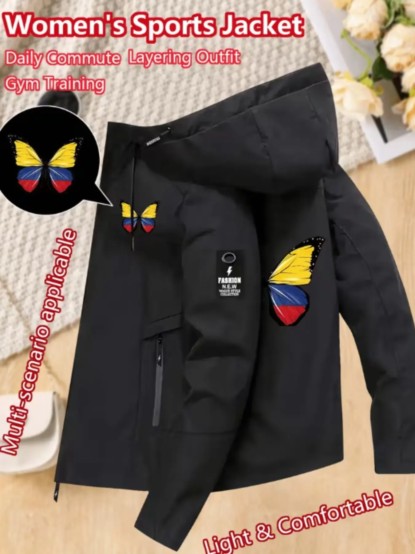 Women's Colorblock Butterfly Jacket, Columbia Graphic Print Loose Fit, South American Style Casual Outerwear, Versatile Travel Top