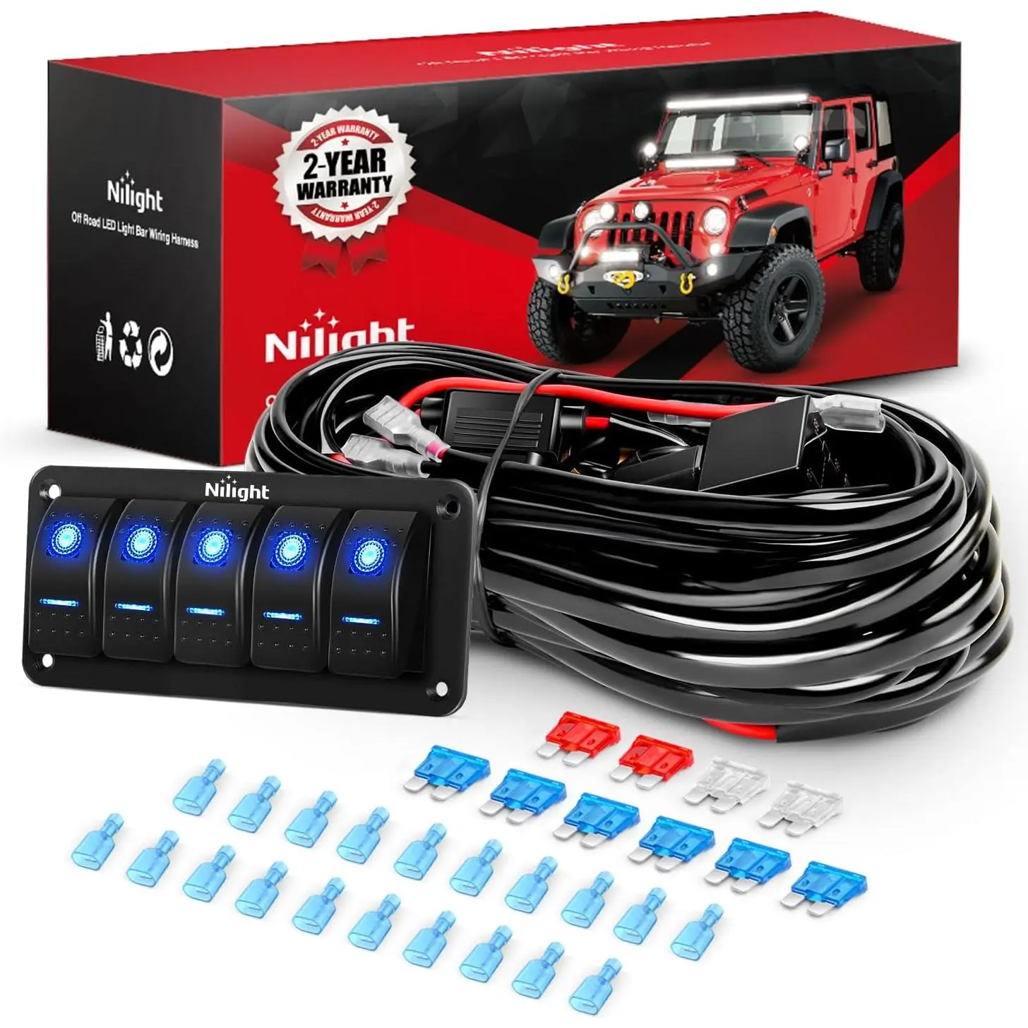 Nilight 16AWG 14AWG 12AWG LED Light Bar Wiring Harness Kit 12V On/Off 5 Gang Rocker Switch Panel Power Relay Blade Fuse 5Pin Toggle Switches for Cars Boat ATV Trucks-10 Leads
