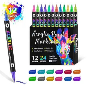 Acrylic Paint Marker Pen Set, 1 Set 12/24/36pcs Double Tip Double Color Quick Dry Waterproof Acrylic Paint Drawing Marker Pen, Acrylic Painting Pens, Crafts Art Supplies for Rock Painting, Wood, Canvas, Stone, Glass, Acrylic Markers