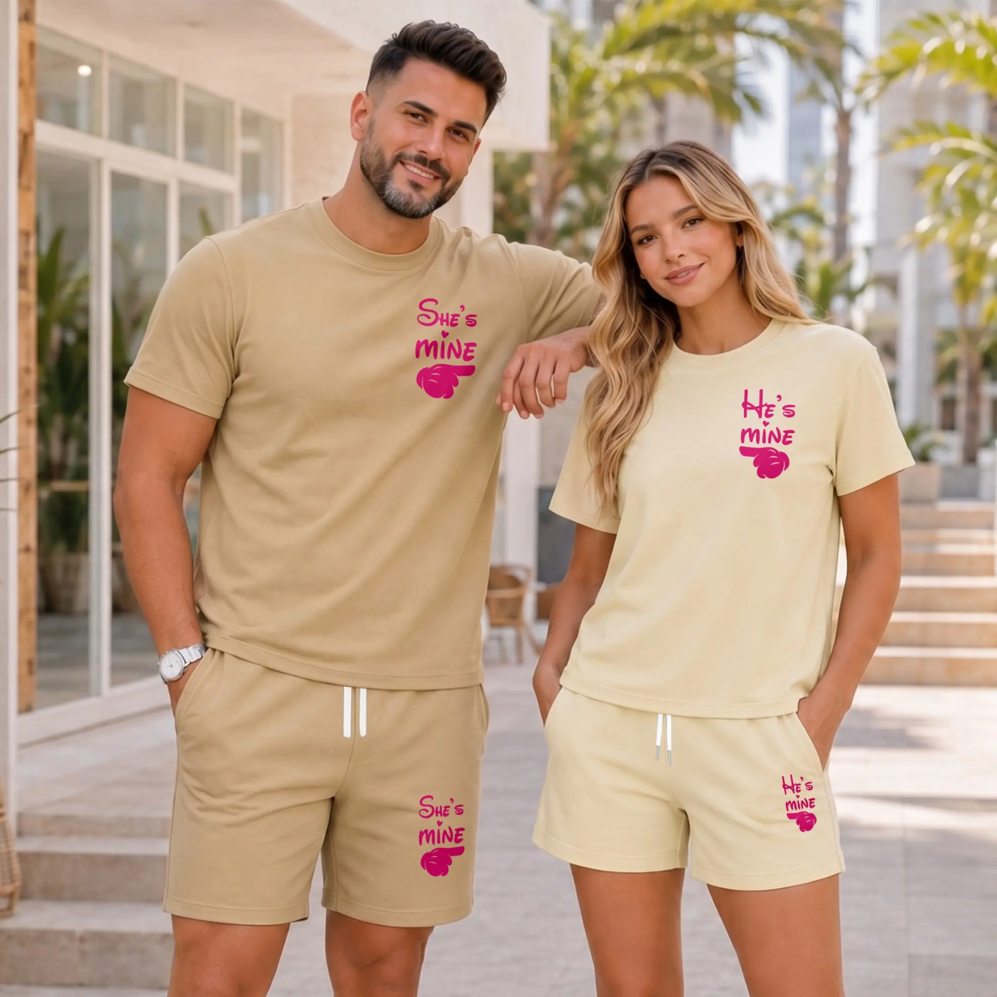 Matching Couple Graphic T-Shirt and Shorts Set, He’s Mine She’s Mine Print Summer Two Piece Outfit, Soft Casual Lounge Wear for Couples, Perfect for Vacation, Streetwear, Beach, and Daily Outfits
