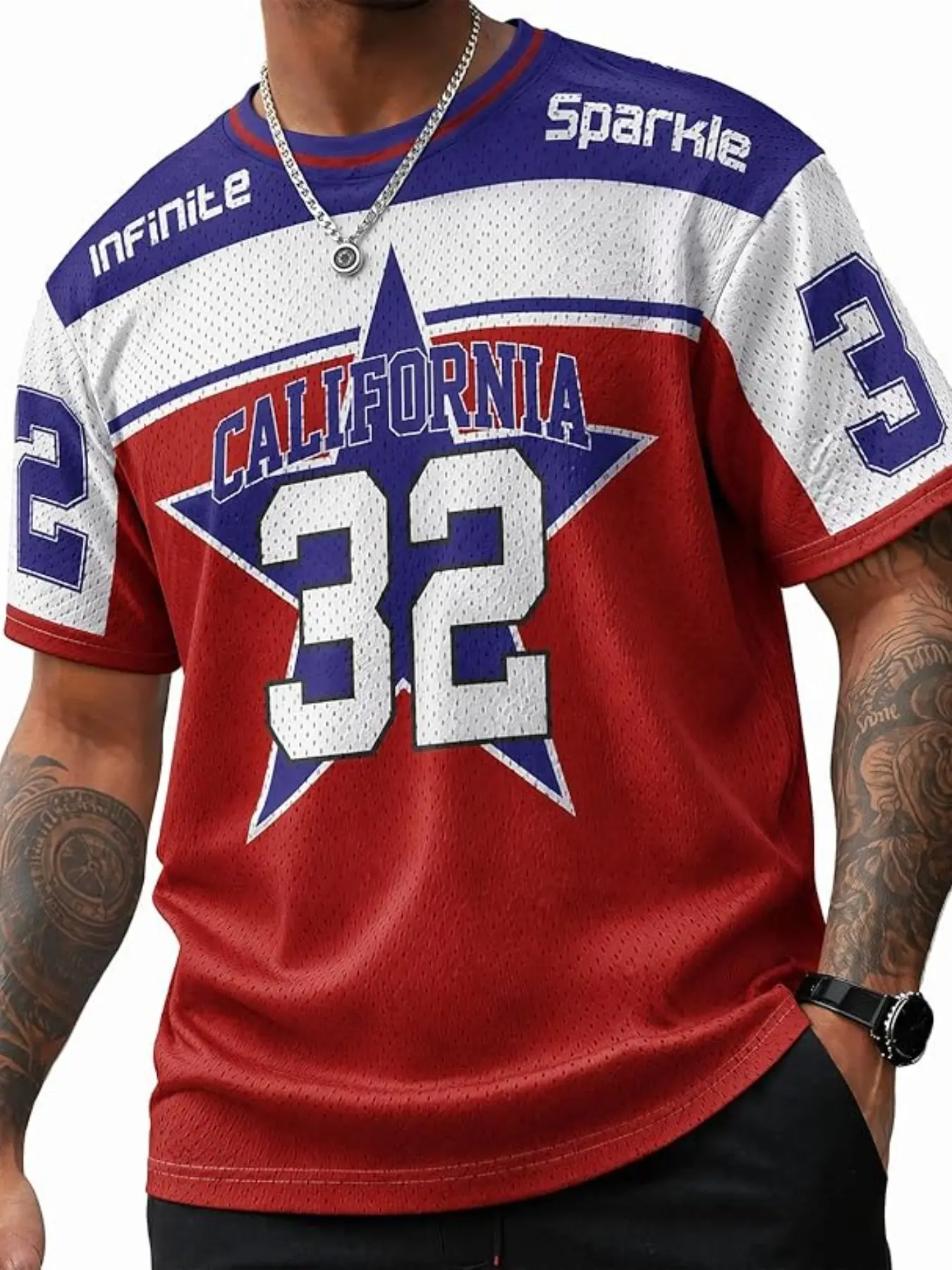 American Vintage California #32 Jersey Short Sleeve Men's Mesh Breathable Sports T-Shirt, Streetwear Patchwork Colorblock Top, Hip Hop Casual Shirt