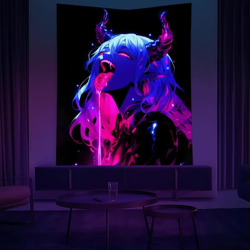 darkness|      Anime Design Neon Tapestry Mysterious Pink Demon Pattern Black Light Aesthetic Room Decoration Party Abstract Theme UV Reactive Wall Tapestry  floral pattern tapestry Hanging Decorative