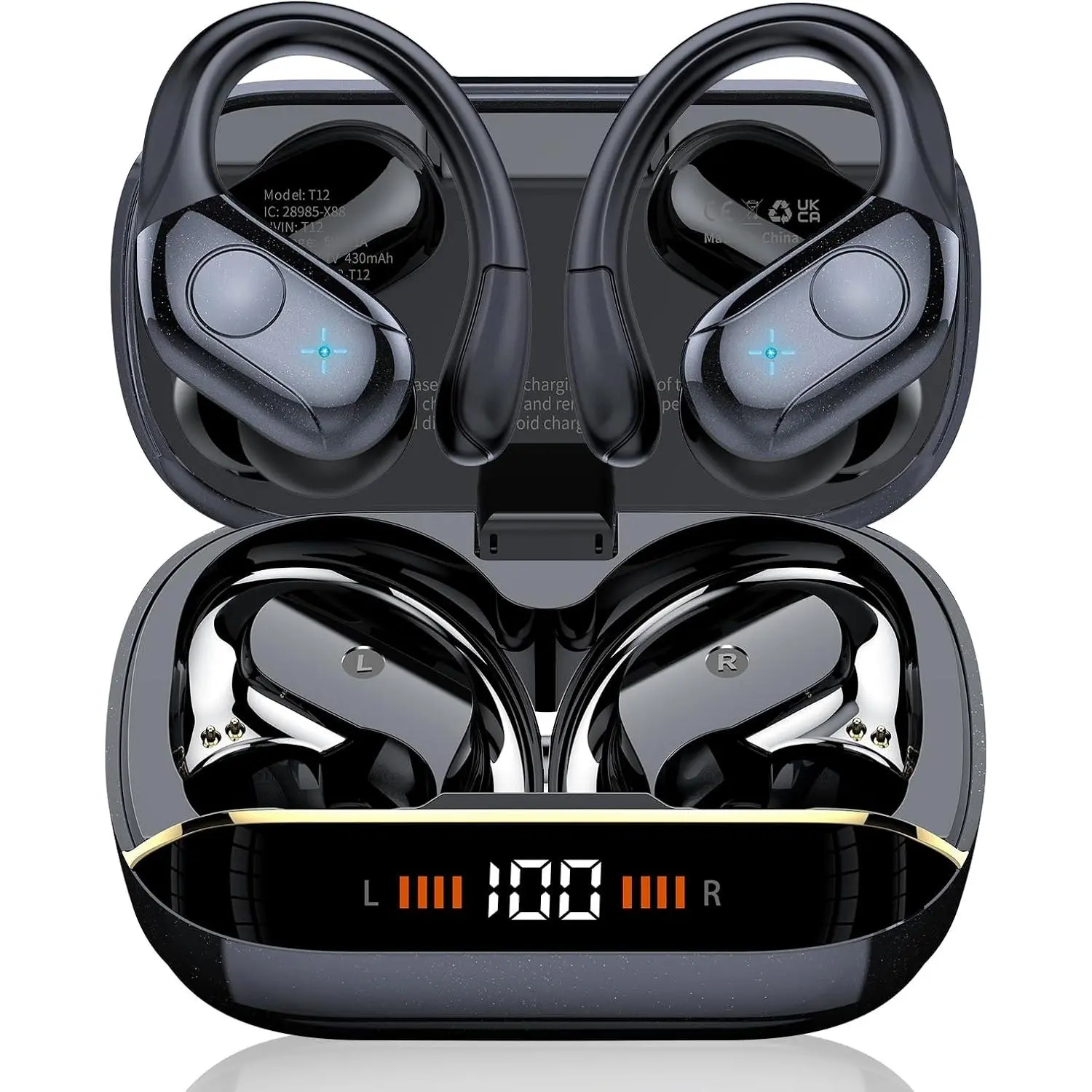 Wireless Earbuds Bluetooth 5.4 Headphones 75H Stereo Deep Bass Sports Over Ear Buds with Earhooks, LED Display Bluetooth Earbuds with 4 ENC Mic, IP7 Waterproof Earphone for Running