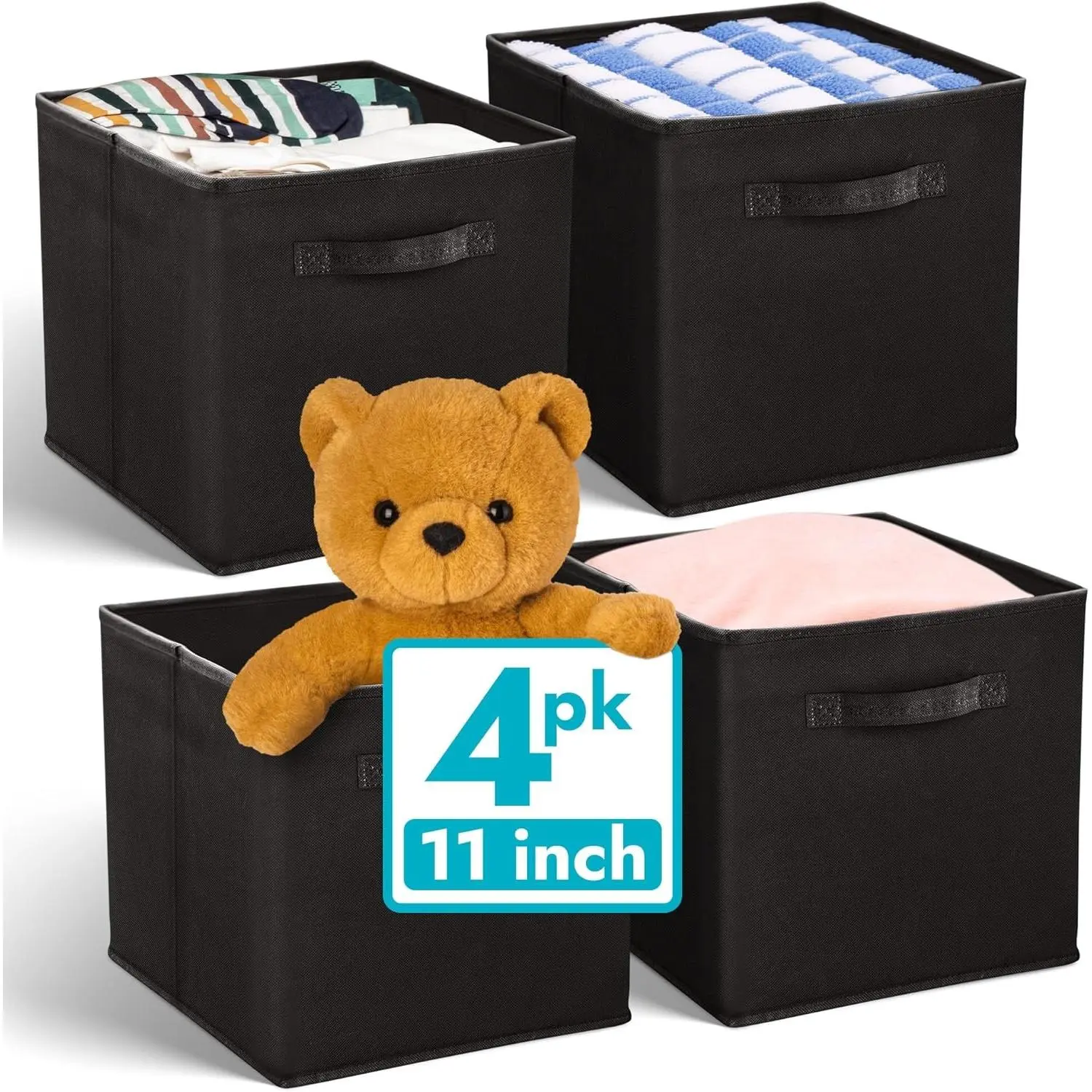 11 Inch Cube Storage Bins (4 Pack) Cube Organizer Bins 11x11 Fabric Storage Boxes Collapsible Foldable Fabric Cubby Box Square Kids Room Organization Black