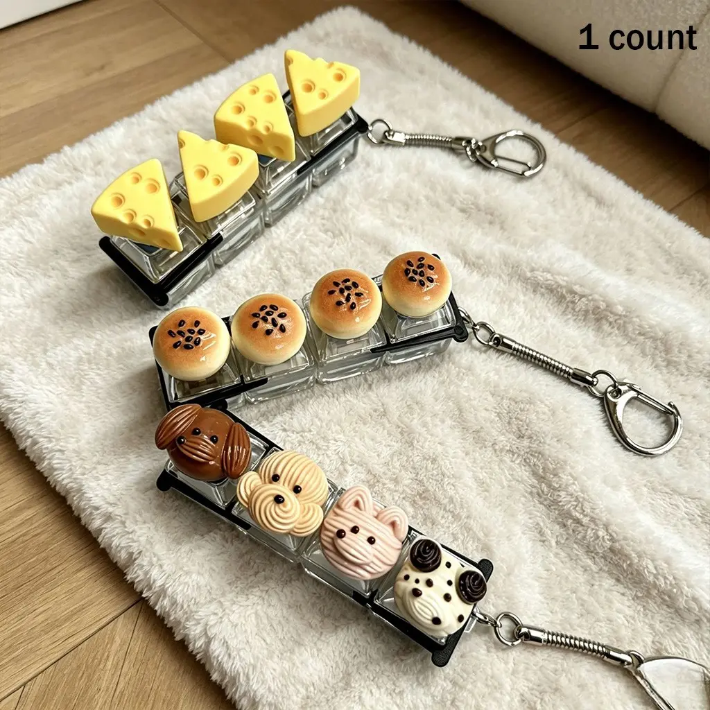 Mechanical Keyboard Keychain 4-Key Fidget - Cheese / Dinner Rolls / Creamy Bear Cute Desktop Stress Relief for Adults Only