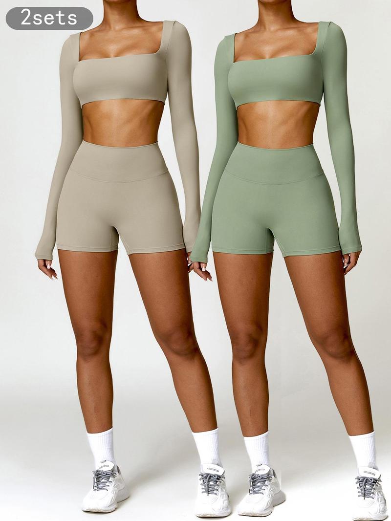 Women's Solid Long Sleeve Crop Tee & High Waist Shorts Tracksuit Set, Sporty Square Neck Top & Short Leggings for Yoga, Ladies Sportswear, Workout Running Clothes
