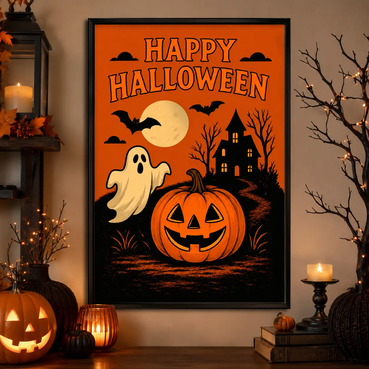 Vertical Retro Gothic Pumpkin Wall Art Poster - Terrifying Halloween Pumpkin with Ink Canvas, Spooky Decoration Suitable for Home, Office, Dorm - Autumn Winter Decor, Vintage Gothic Style