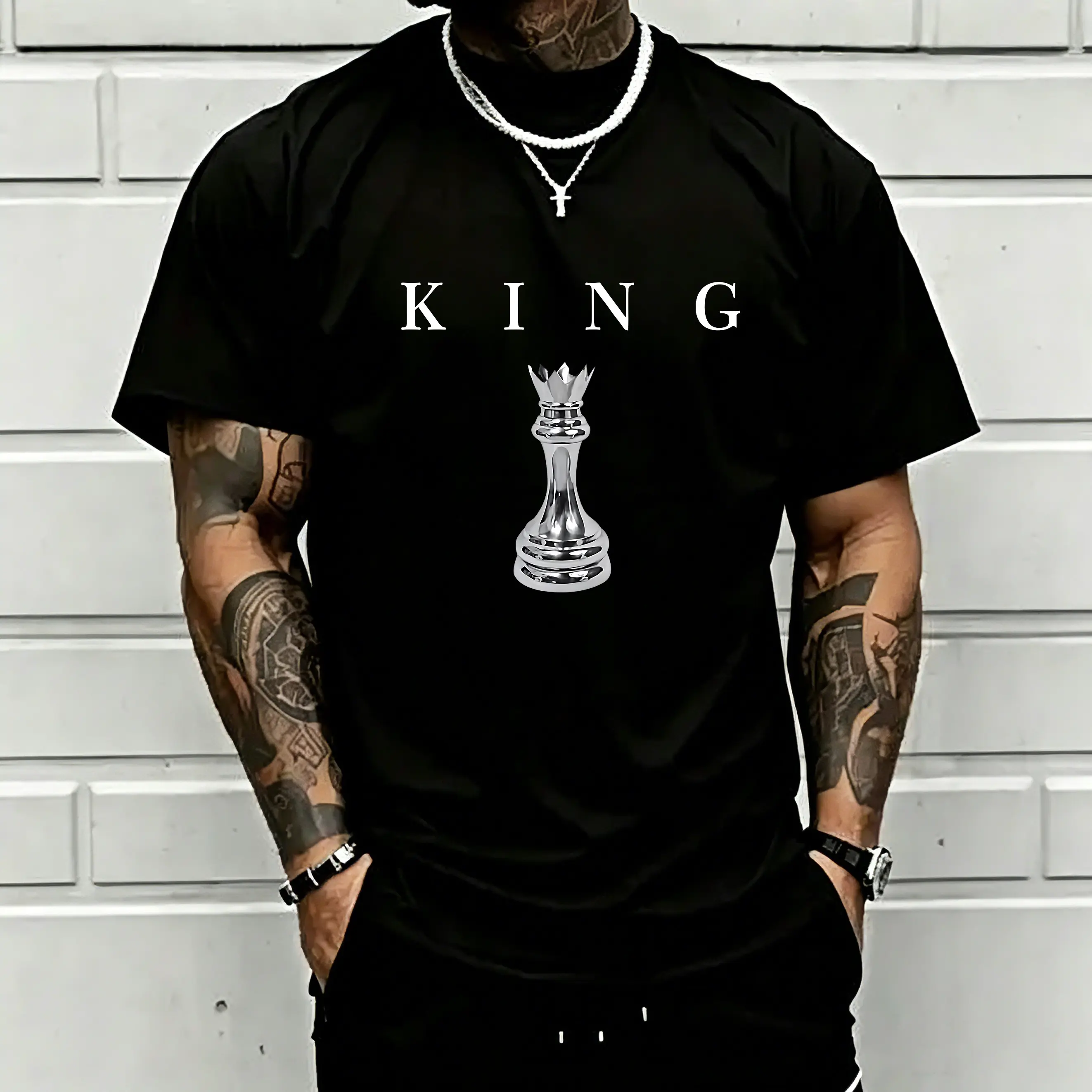 Men's Chess King Graphic T-Shirt, Classic Cotton Shortsleeve Top, Regular Fit Casual Wear for Strategy Game Lovers, Outfits, Outdoor, Tee, Breathable Fabric, 100% Cotton, Chess King Print, Machine Wash Cold