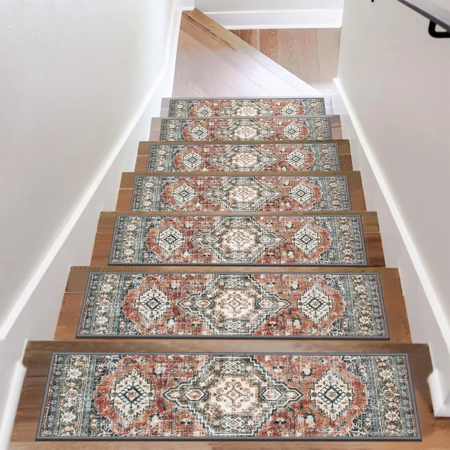 Stair Treads Non Slip for Wooden Steps Indoor 15PCS Carpet Stair Treads, Rubber Backing Stair Carpet Treads, 8"x30" Staircase Step Treads Edging Stair Rugs for Kids & Pets, Rust Red