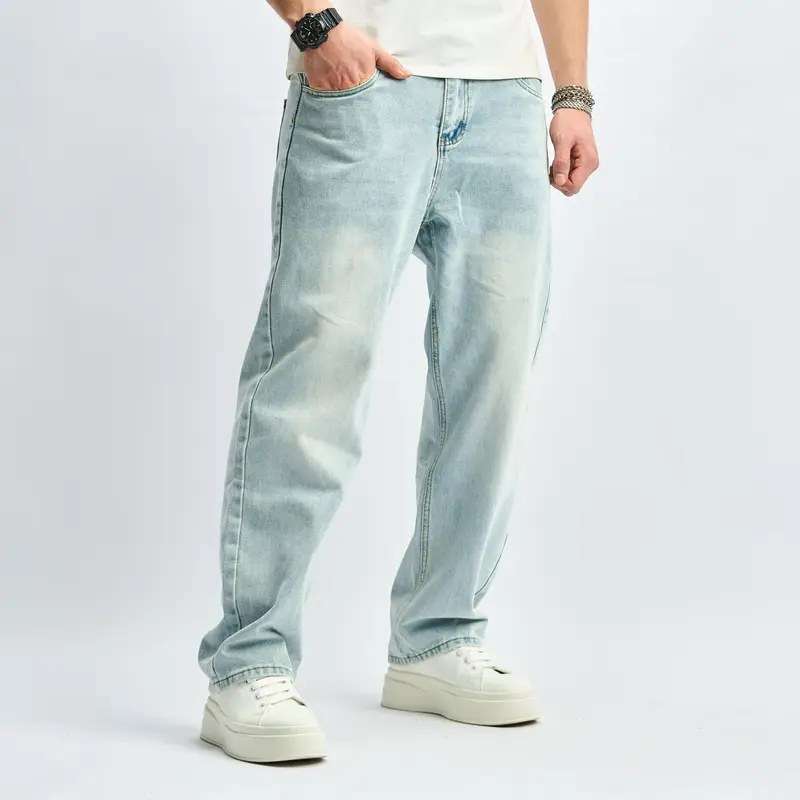 Men's Mid Waist Loose Baggy Casual Trouser - Non-Elastic, Plain Minimalist, Machine Washable, Blue Washed Denim Fabric Jeans, All-Seasons Streetwear (Asia Sizing)