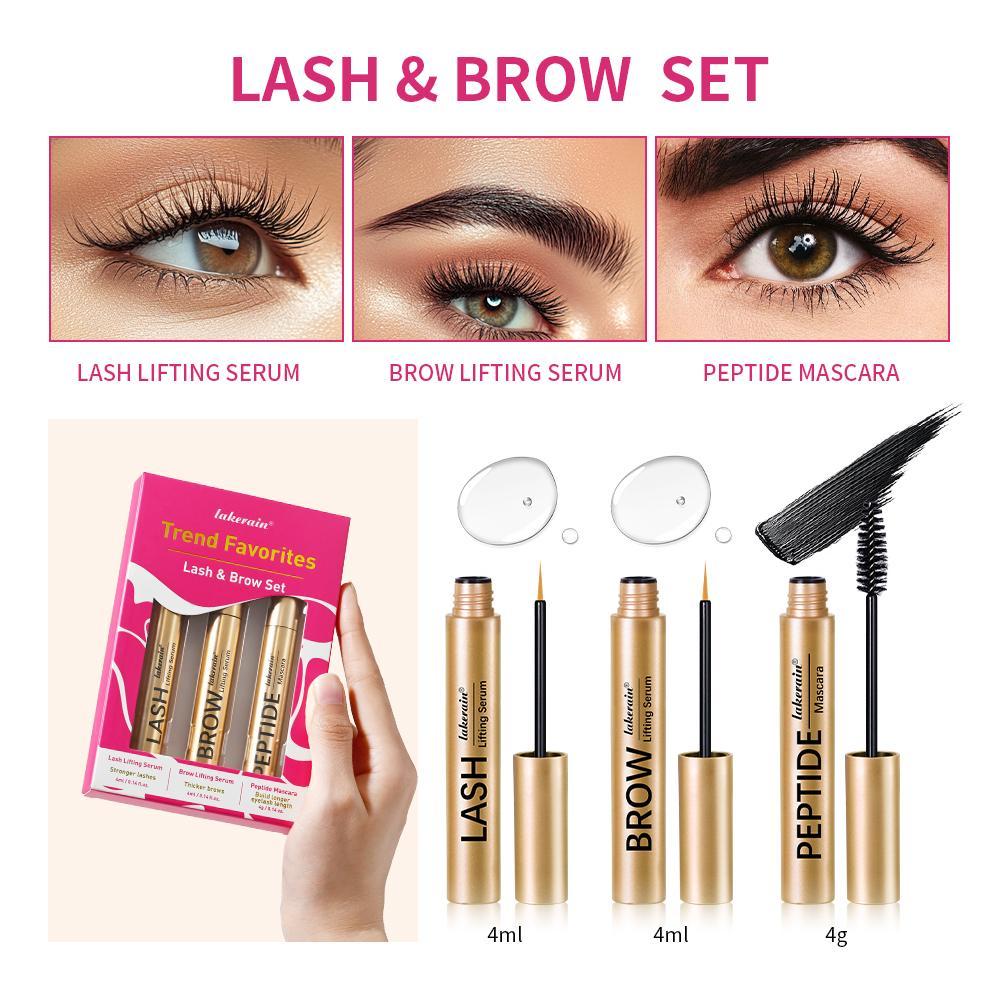 Enhanced Eyelash & Brow Kit, Mini Liquid Enhancer Set with Nourishing Lash Lifting Serum + Lengthening Brow Lifting Serum+ Long-Lasting Peptide Mascara, Natural Extension, Eye Makeup