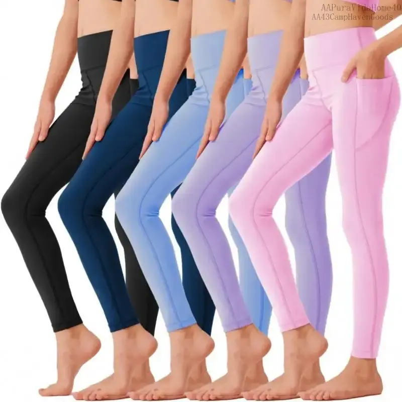 Girls' 5-Pack Yoga Leggings - Athletic-Cut Ankle-Length Pants with Pockets for School, Casual Wear