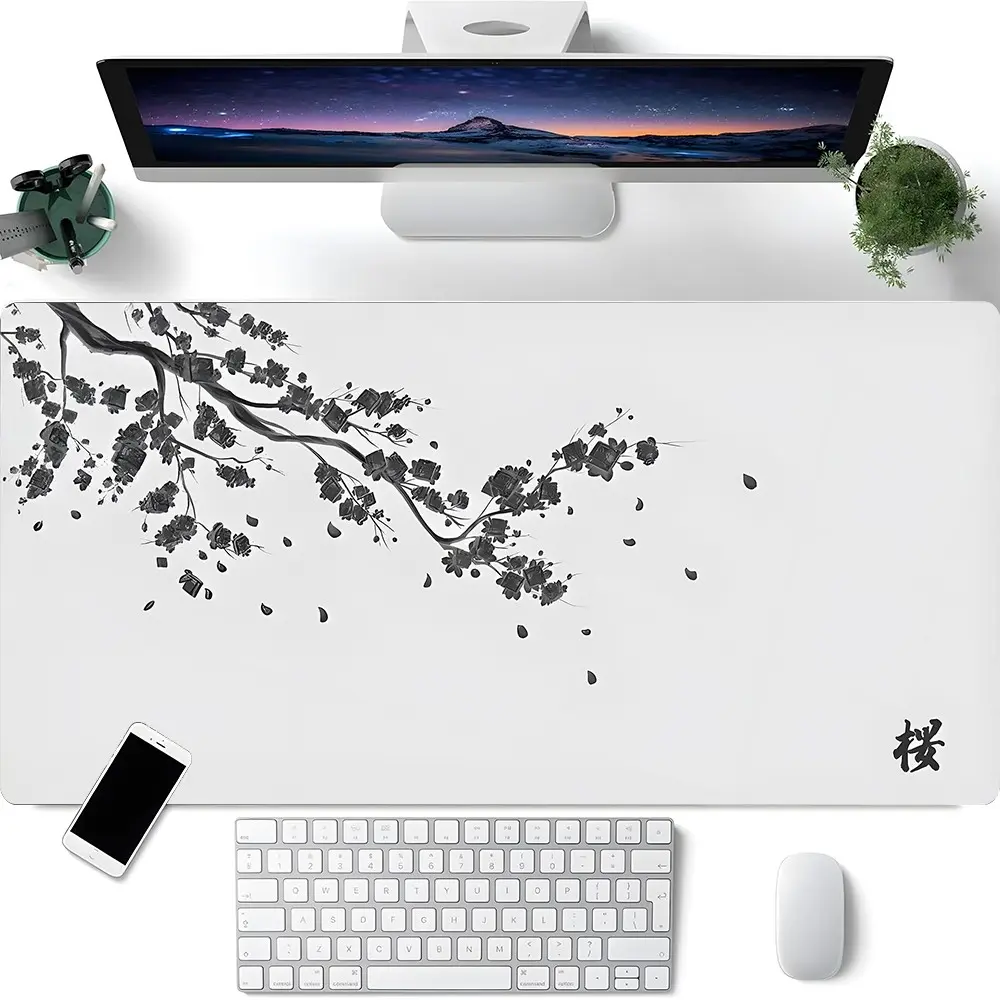 Minimalist Japanese Cherry Blossom XXL Desk Mat,Extended Large Gaming Mouse Pad, Non-Slip Rubber Base Stitched Lock Edge Desk Mat, Durable Computer Accessory for Home Office & Gaming Setup,Perfect Gift for Students,Friends,Daily Use