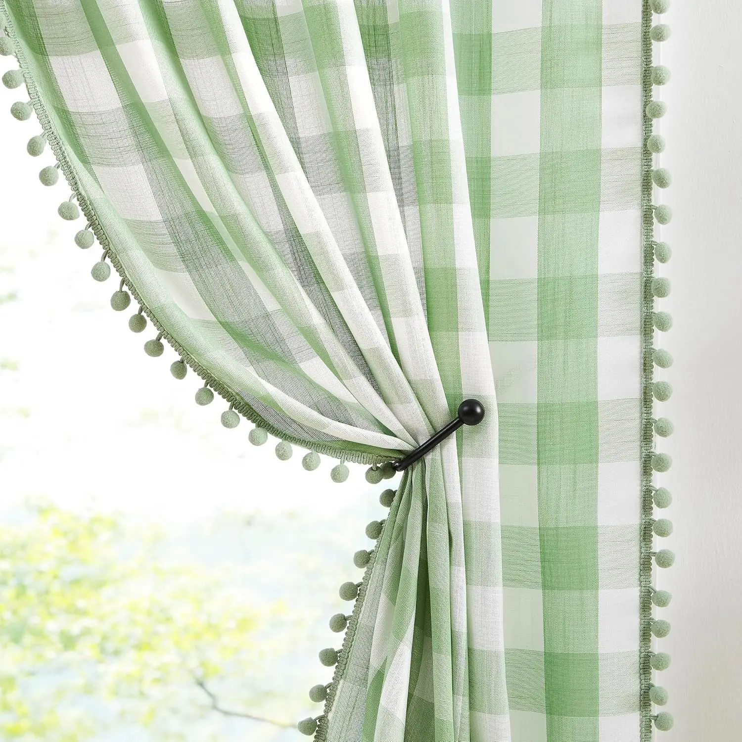 Green White Buffalo Check Pom Pom Curtains 84 Inch, Farmhouse Vintage Gingham Plaid Semi Sheer Rod Pocket Window Drapes for Living Room Bedroom Kitchen, 2 Panels
