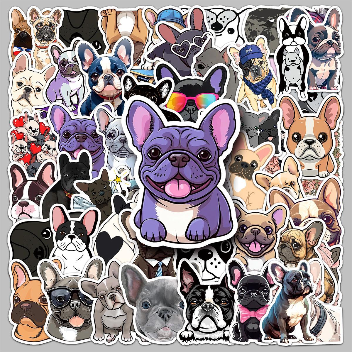 Cartoon French Dog Pattern Sticker, 50pcs Waterproof Self Adhesive Decor Paper, Decor Sticker for Gift Greeting Card Water Bottle Laptop Phone, Funny Stickers